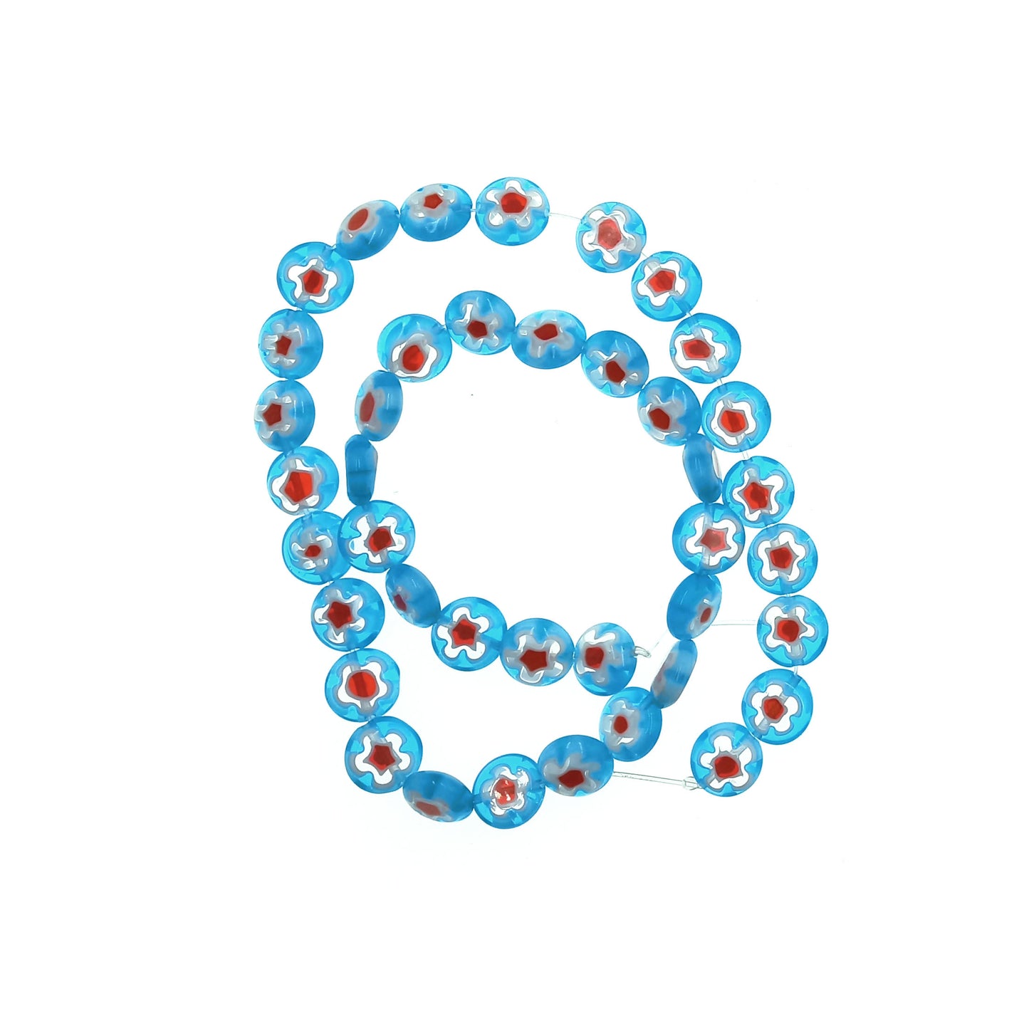 Tira Cuentas de Murano Plano 9,5mm Flores Rojo Celeste