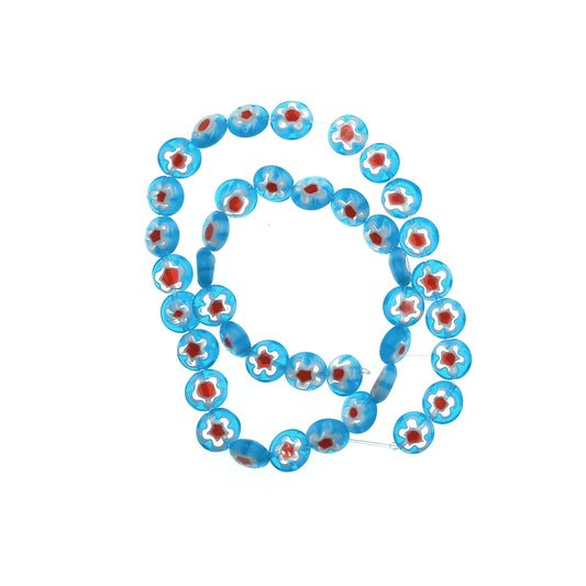 Tira Cuentas de Murano Plano 9,5mm Flores Rojo Celeste